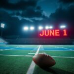 Flick International An empty football field at night under stadium lights with a football resting on the turf