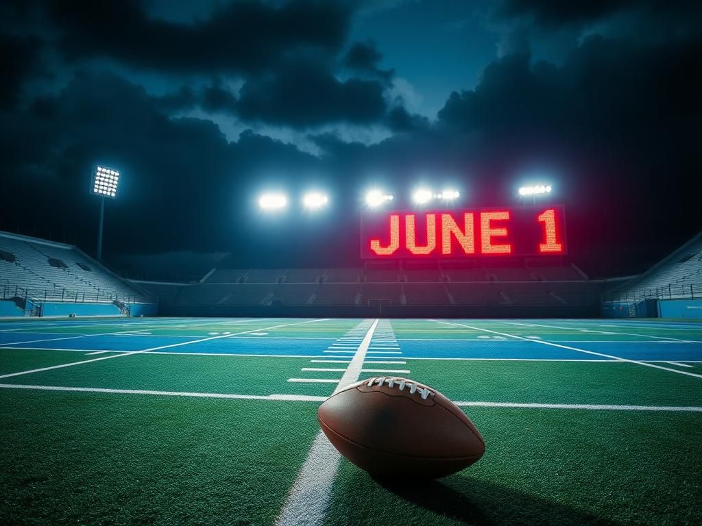 Flick International An empty football field at night under stadium lights with a football resting on the turf