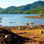 Flick International serene landscape of Lake Lure showing debris from Hurricane Helene