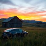 Flick International A serene landscape of rural Tennessee featuring a solitary wooden barn and an abandoned Tesla amidst rolling hills at sunset