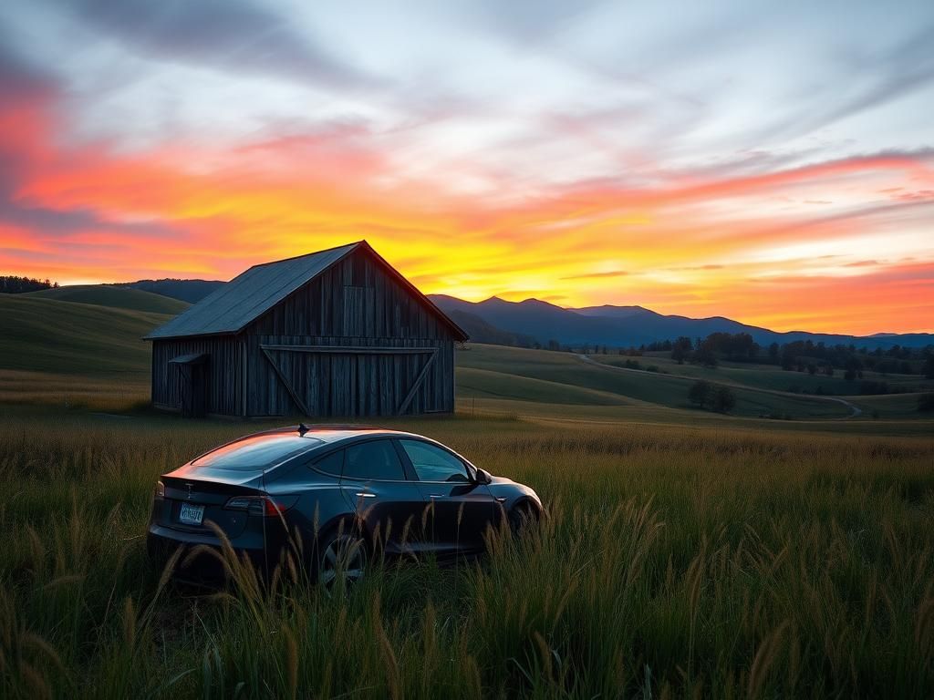 Flick International A serene landscape of rural Tennessee featuring a solitary wooden barn and an abandoned Tesla amidst rolling hills at sunset