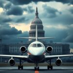 Flick International Majestic jumbo jet parked on a runway with U.S. Capitol in the background