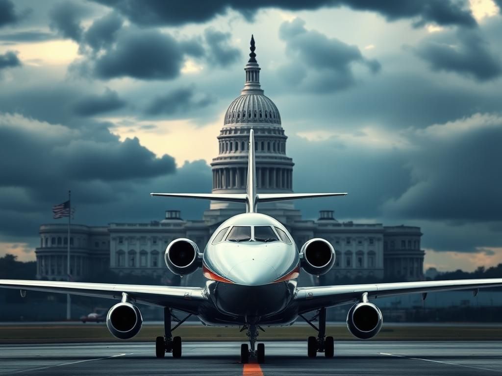 Flick International Majestic jumbo jet parked on a runway with U.S. Capitol in the background