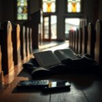 Flick International Dimly lit church interior with rustic wooden pews and pulpit, symbolizing the tension during Tennessee pastor's kidnapping