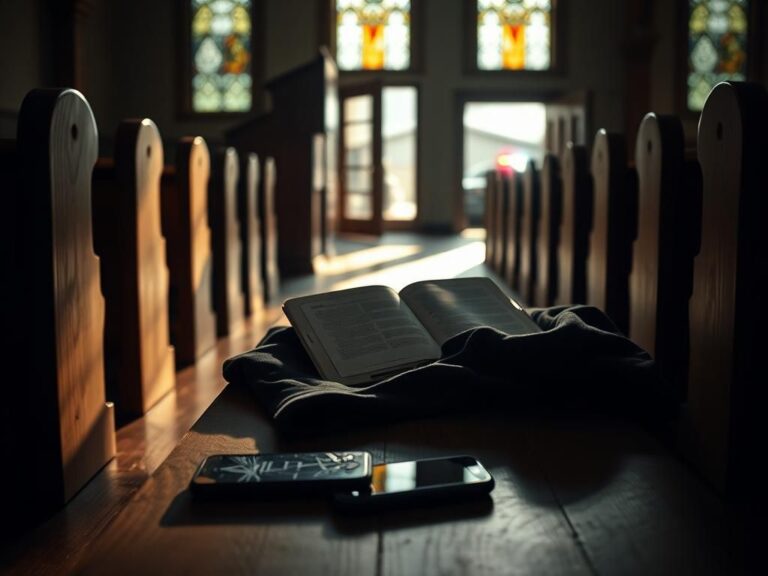 Flick International Dimly lit church interior with rustic wooden pews and pulpit, symbolizing the tension during Tennessee pastor's kidnapping
