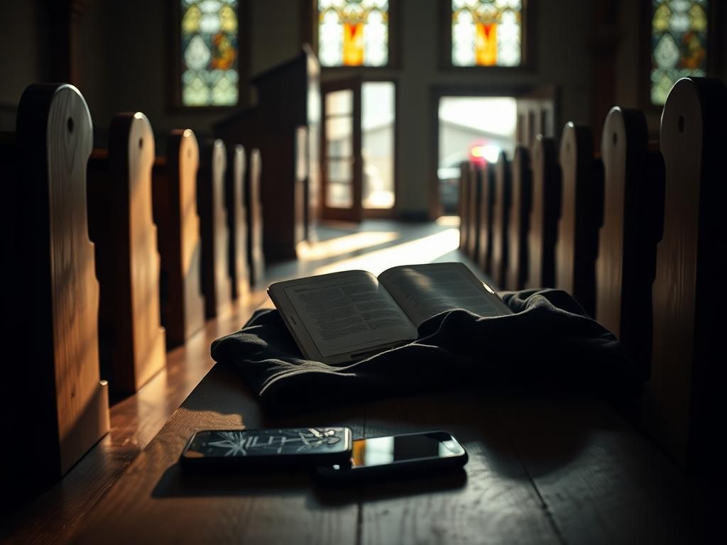 Flick International Dimly lit church interior with rustic wooden pews and pulpit, symbolizing the tension during Tennessee pastor's kidnapping