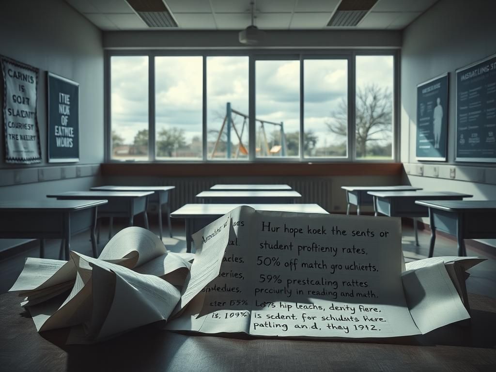 Flick International Somber empty classroom with scattered desks and open textbooks, symbolizing educational struggles.