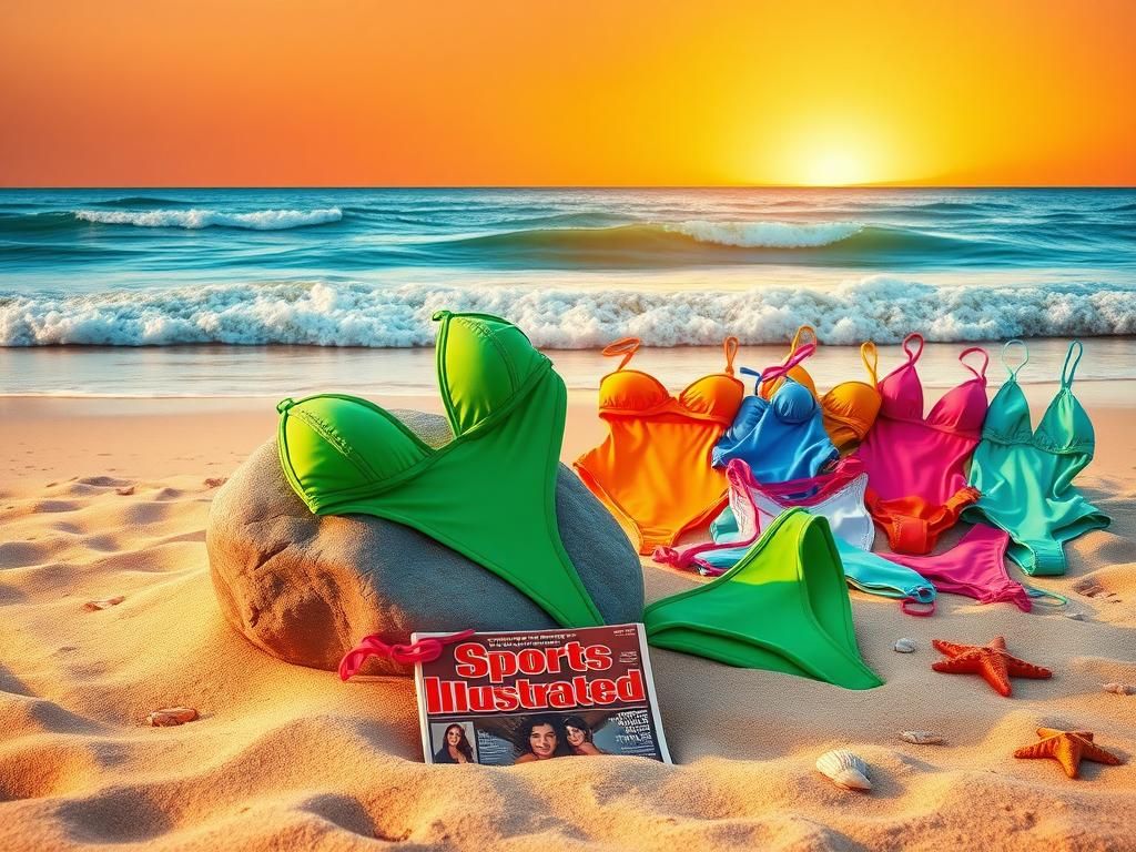 Flick International Colorful bikinis and a vintage Sports Illustrated magazine on a beach