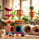 Flick International Cozy indoor scene showcasing colorful cat toys and luxurious cat furniture with a multi-level cat tree and playful mice.