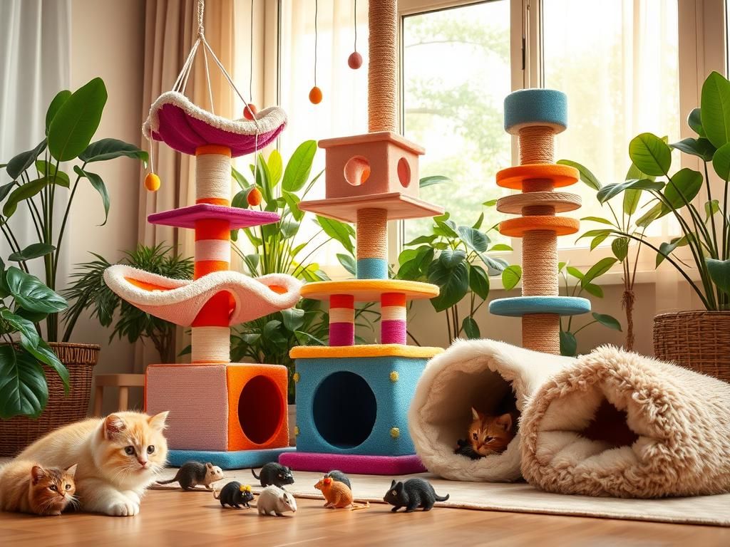 Flick International Cozy indoor scene showcasing colorful cat toys and luxurious cat furniture with a multi-level cat tree and playful mice.