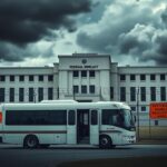 Flick International A secure federal detention facility surrounded by high security fences and a large bus, depicting a tense political atmosphere.