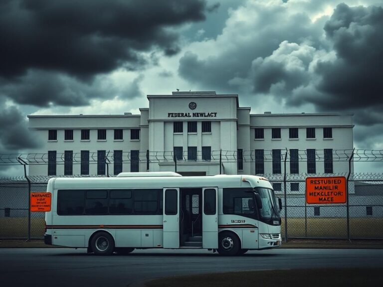 Flick International A secure federal detention facility surrounded by high security fences and a large bus, depicting a tense political atmosphere.
