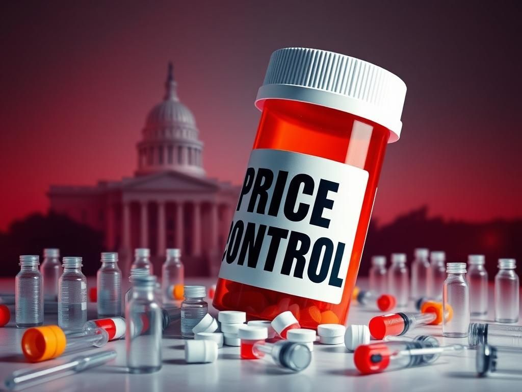 Flick International A conceptual image of a large prescription pill bottle labeled 'PRICE CONTROL' surrounded by empty vials and syringes