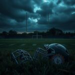Flick International Empty football field at dusk with broken equipment symbolizing lost aspirations