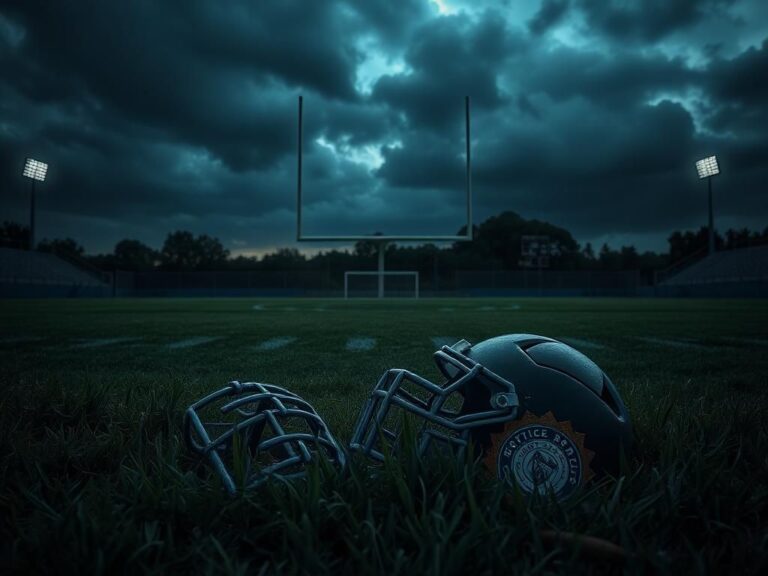 Flick International Empty football field at dusk with broken equipment symbolizing lost aspirations