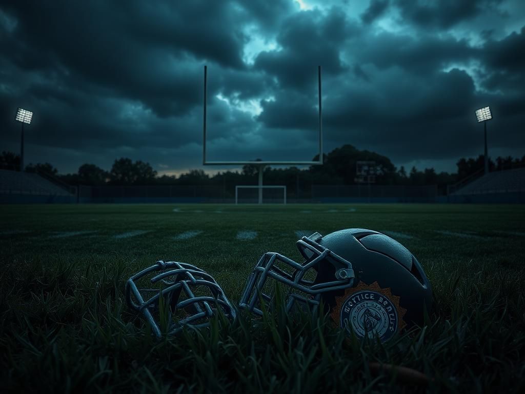 Flick International Empty football field at dusk with broken equipment symbolizing lost aspirations