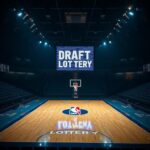 Flick International Empty basketball arena with dim lighting and NBA logo on the court