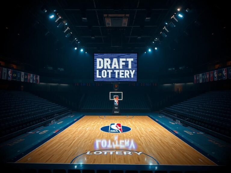 Flick International Empty basketball arena with dim lighting and NBA logo on the court
