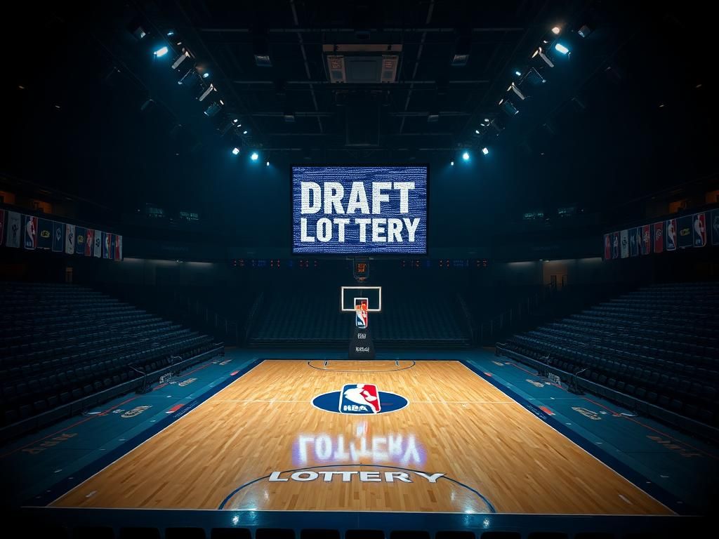 Flick International Empty basketball arena with dim lighting and NBA logo on the court