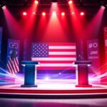 Flick International Abstract representation of a sports debate stage with podiums and American flag