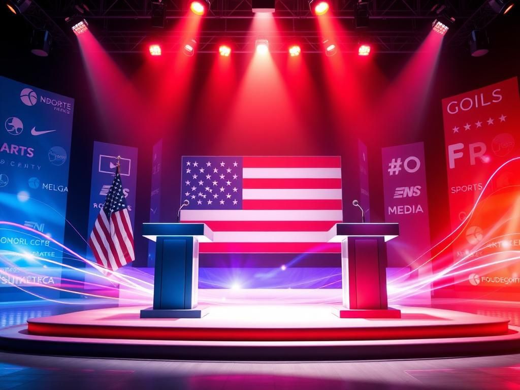 Flick International Abstract representation of a sports debate stage with podiums and American flag