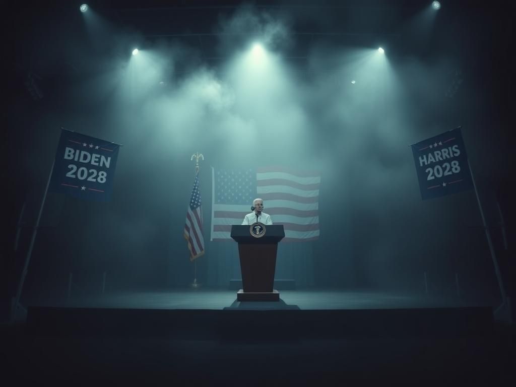 Flick International Empty campaign stage with presidential podium symbolizing political uncertainty