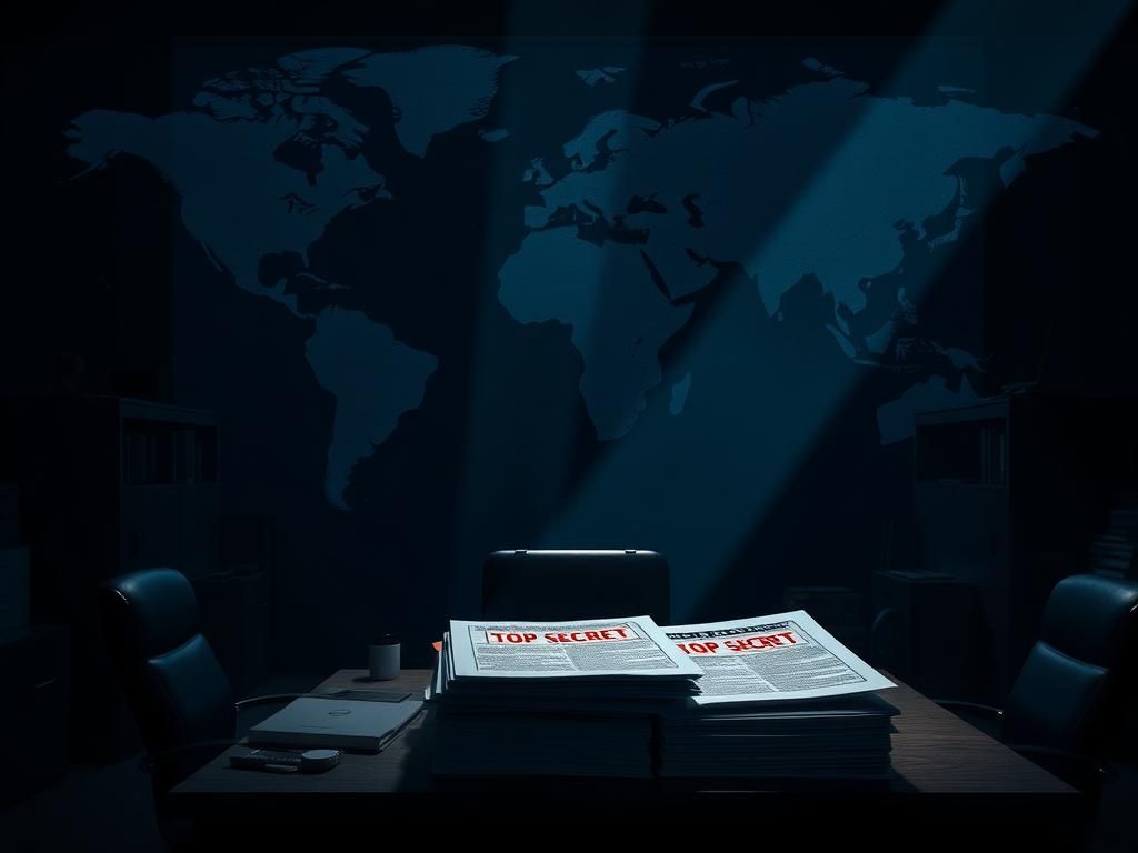 Flick International A dramatic representation of a dimly lit intelligence agency office filled with shadowy silhouettes and a large world map.