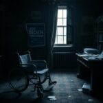 Flick International Somber political office with an empty wheelchair next to a heavy oak desk