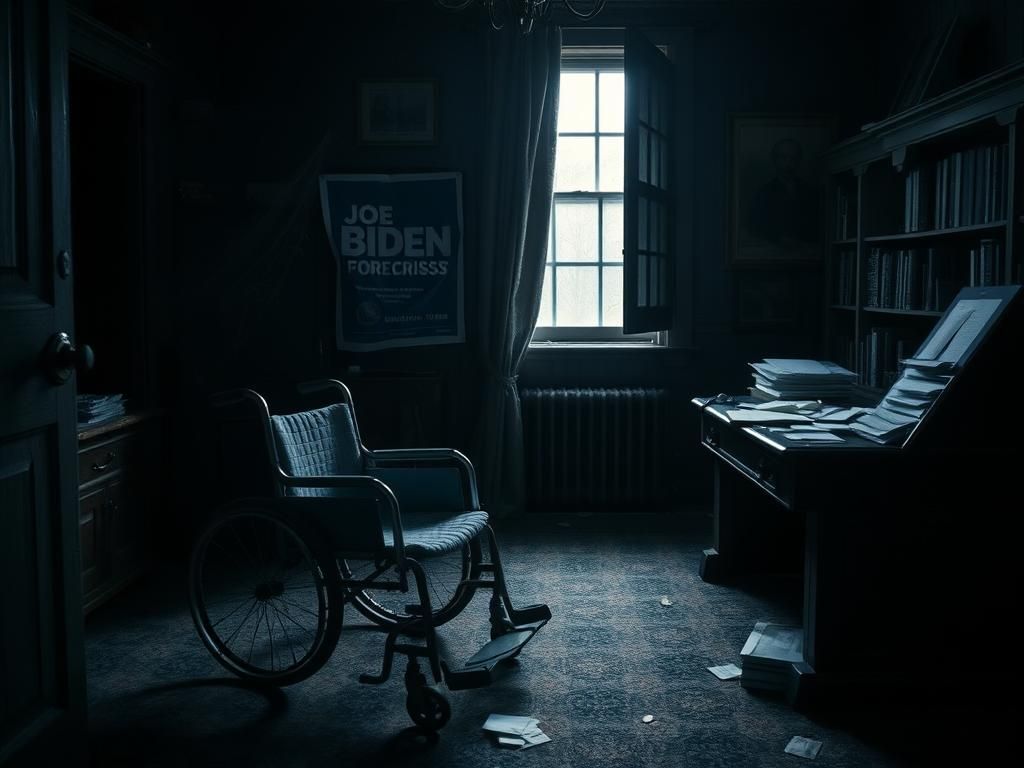 Flick International Somber political office with an empty wheelchair next to a heavy oak desk