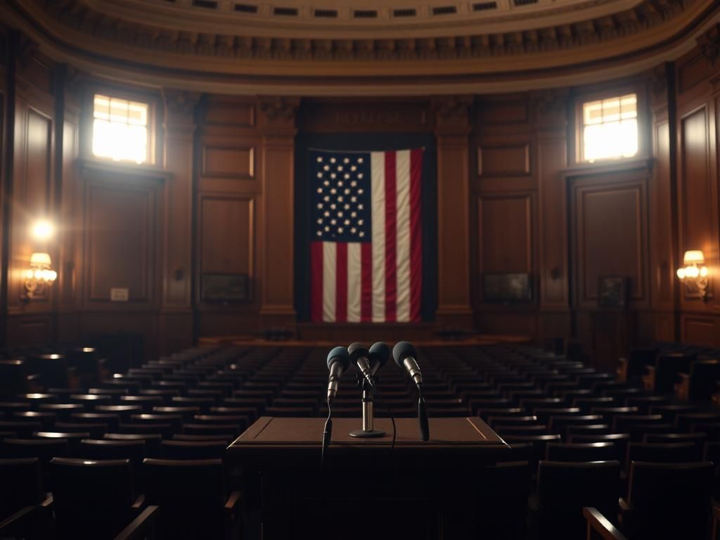 Flick International Empty House chamber in U.S. Capitol with American flag