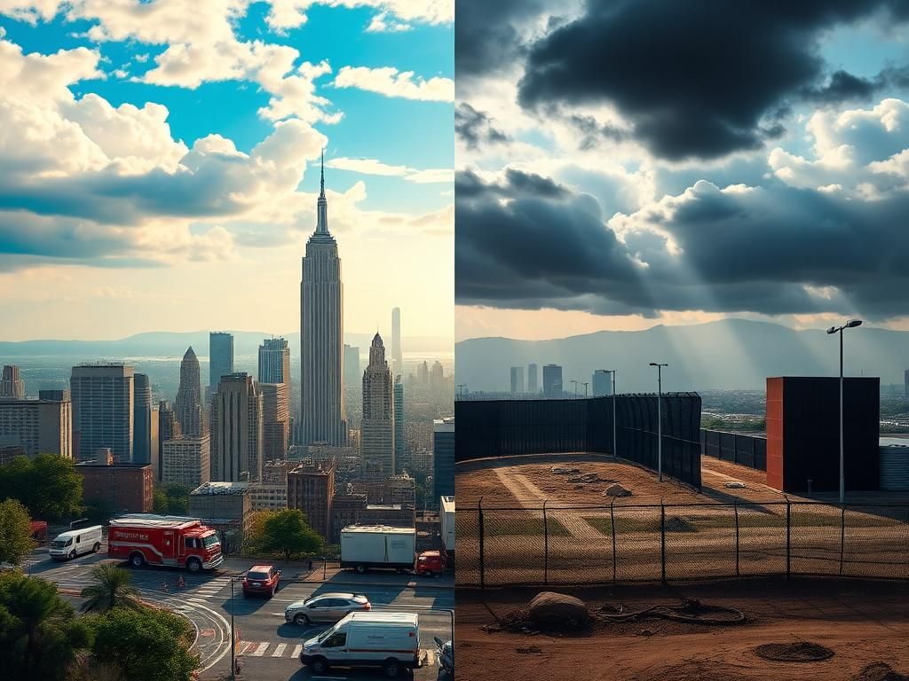 Flick International A dramatic split landscape illustrating contrasting themes of community safety and federal immigration enforcement