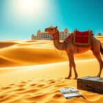Flick International A serene desert scene with a beautifully detailed camel in front of a luxurious hotel in Qatar