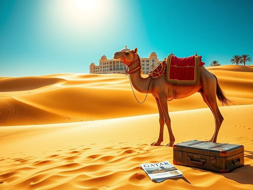 Flick International A serene desert scene with a beautifully detailed camel in front of a luxurious hotel in Qatar