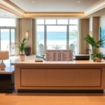 Flick International Serene hotel lobby with elegant reception desk featuring transparent pricing display