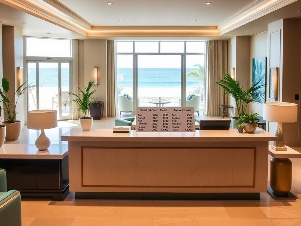 Flick International Serene hotel lobby with elegant reception desk featuring transparent pricing display