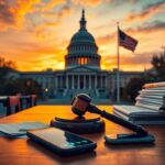 Flick International U.S. Capitol building at sunset with a gavel and legislative documents