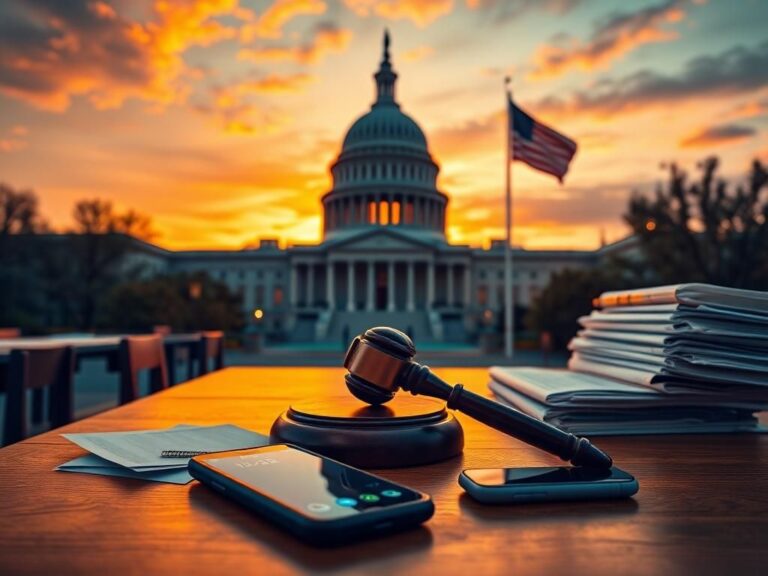 Flick International U.S. Capitol building at sunset with a gavel and legislative documents