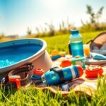 Flick International Vibrant summer dog gear display with a collapsible pool, toys, and snacks
