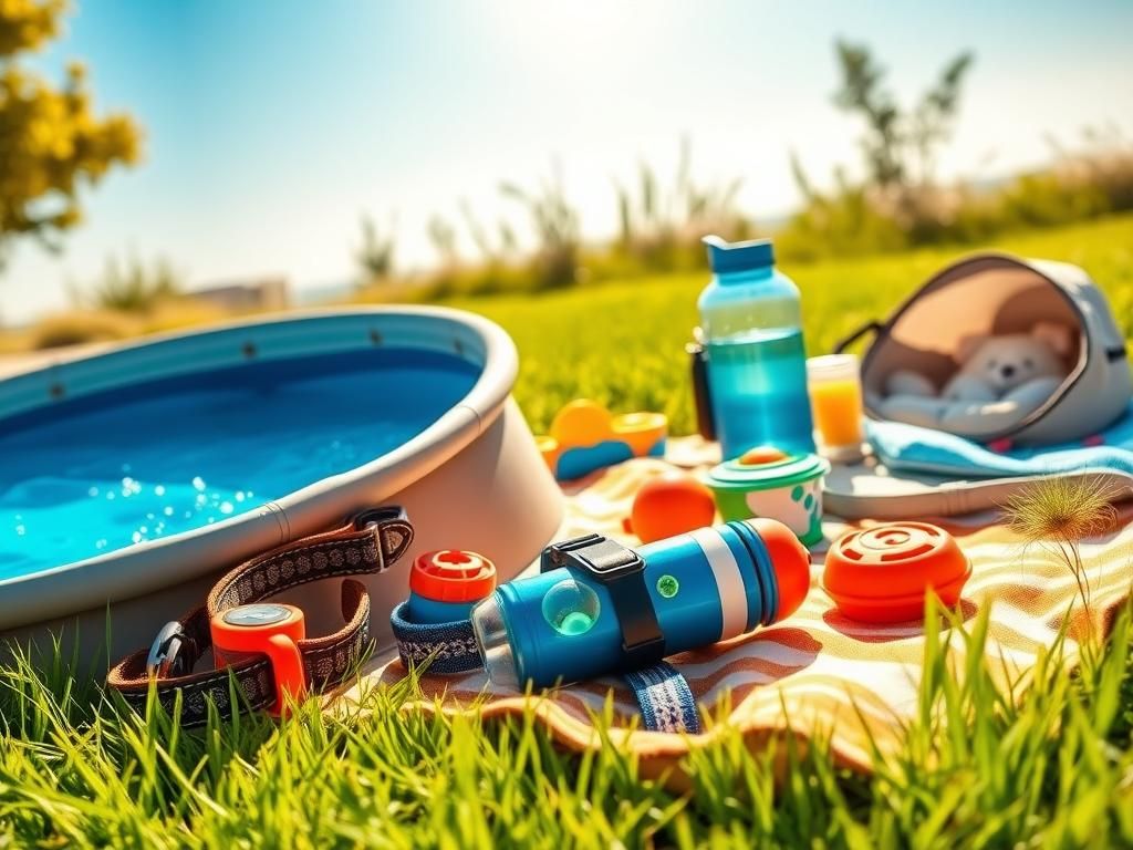 Flick International Vibrant summer dog gear display with a collapsible pool, toys, and snacks
