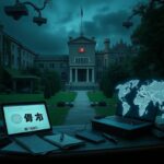Flick International Dimly lit Stanford University campus scene illustrating espionage themes with ivy-covered buildings and surveillance imagery