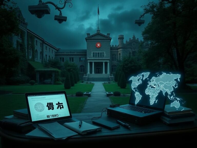 Flick International Dimly lit Stanford University campus scene illustrating espionage themes with ivy-covered buildings and surveillance imagery