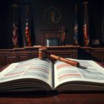 Flick International A dramatic courtroom scene with an empty judge's bench and gavel symbolizing legal proceedings