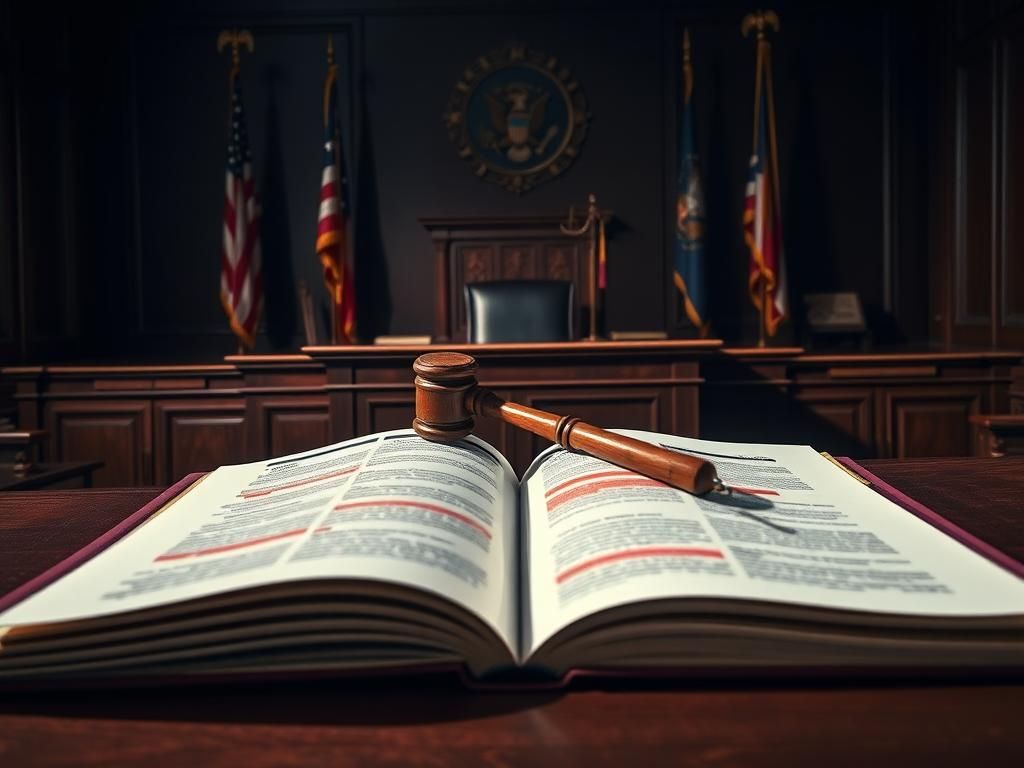 Flick International A dramatic courtroom scene with an empty judge's bench and gavel symbolizing legal proceedings