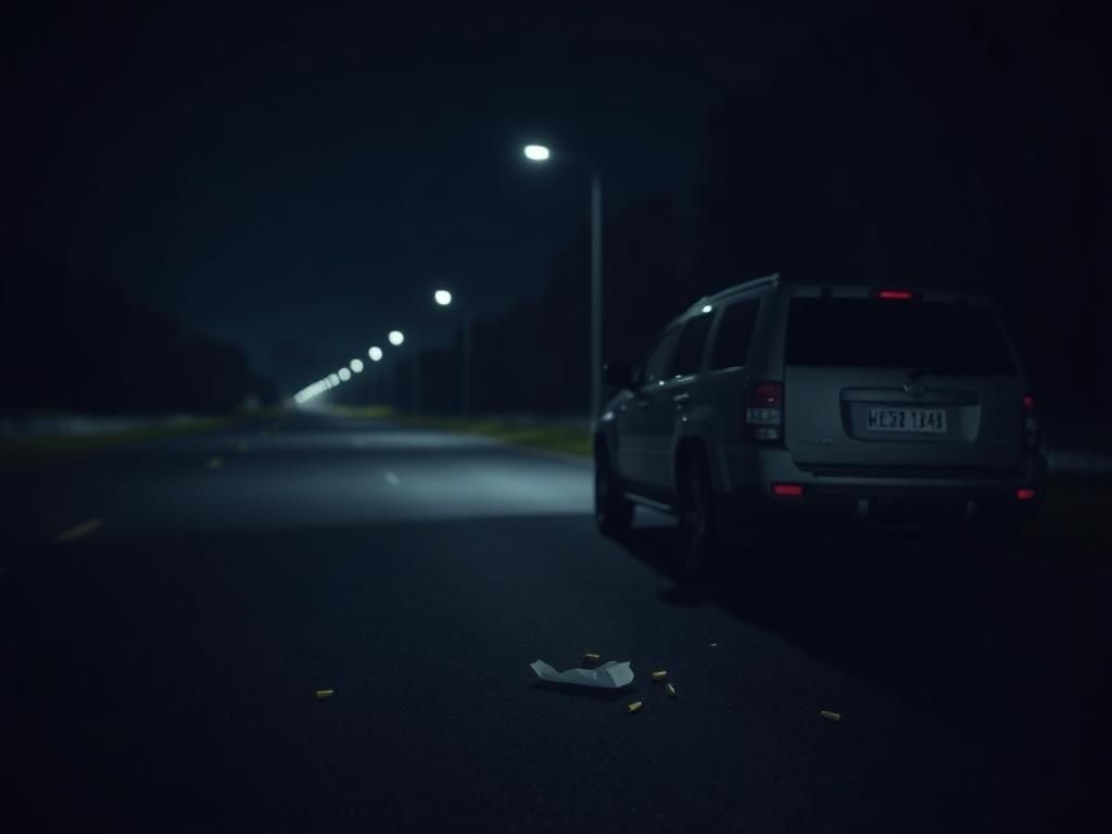 Flick International Somber nighttime scene of a deserted roadside in South Carolina with a parked vehicle highlighting the aftermath of crime.