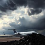 Flick International Stormy sky over a private jet with a pile of coal in the foreground