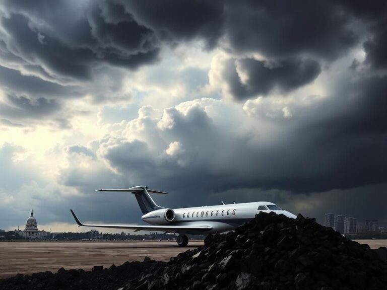 Flick International Stormy sky over a private jet with a pile of coal in the foreground