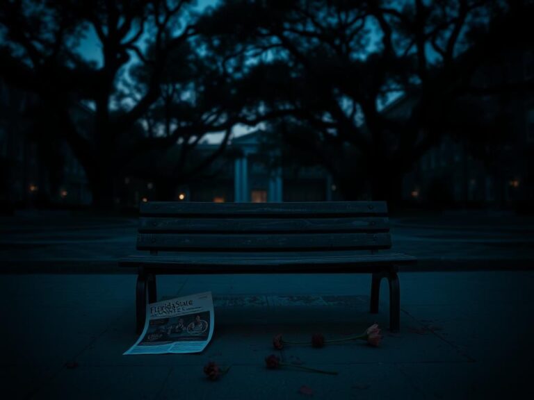 Flick International A desolate Florida State University courtyard at dusk, symbolizing loss and remembrance.