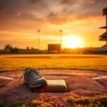 Flick International Vintage baseball diamond at sunset with worn baseball cleats on home plate