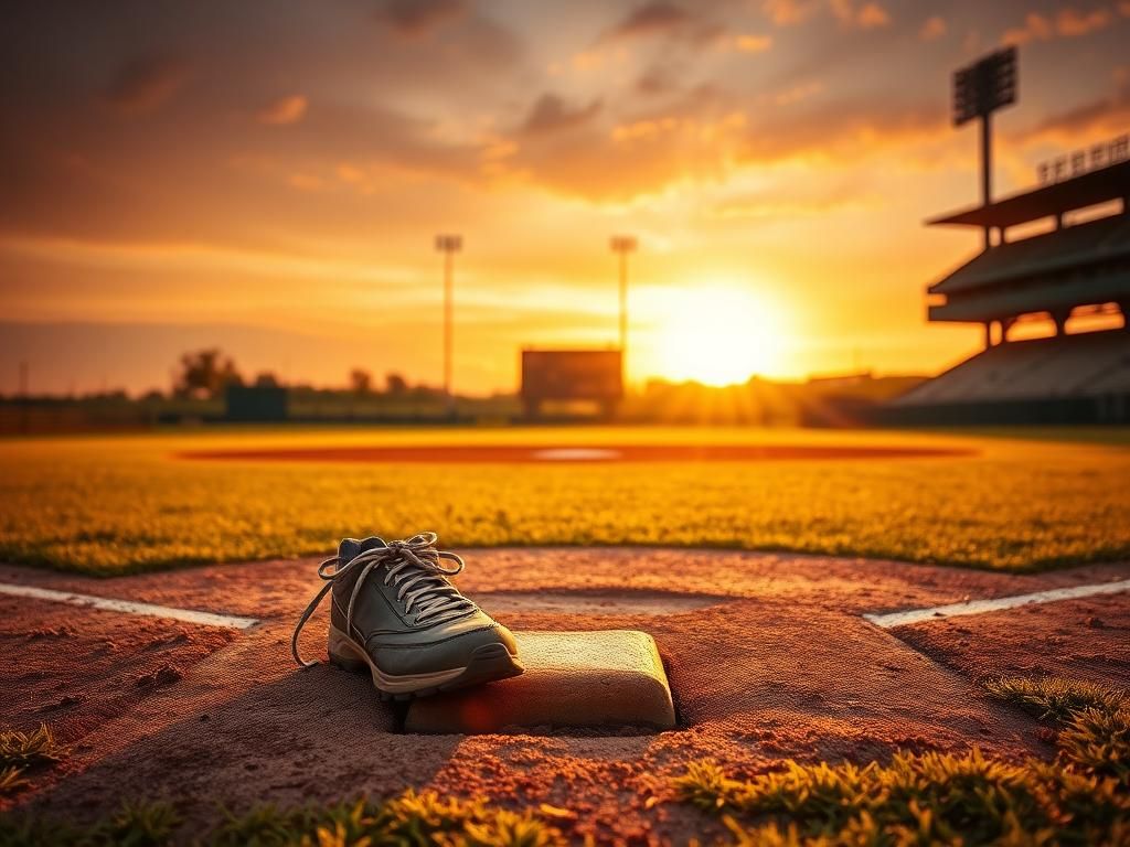 Flick International Vintage baseball diamond at sunset with worn baseball cleats on home plate