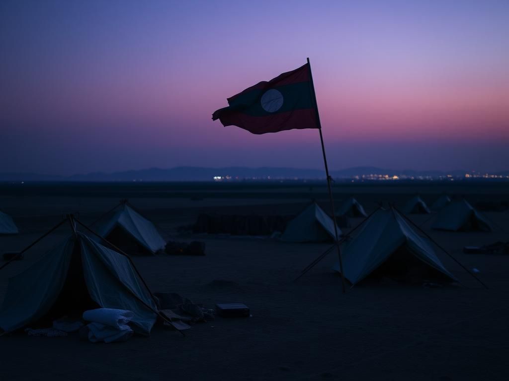 Flick International A deserted refugee camp at dusk with worn tents and scattered belongings